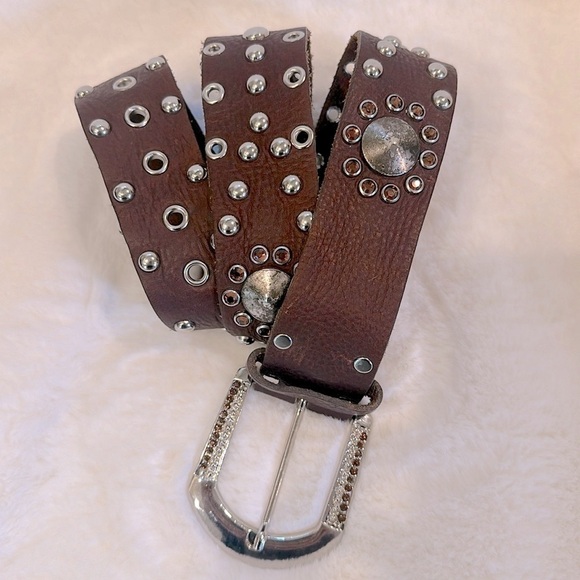 Leatherock Brown Leather Studded Crystal Embellished Belt SzM - Picture 1 of 16